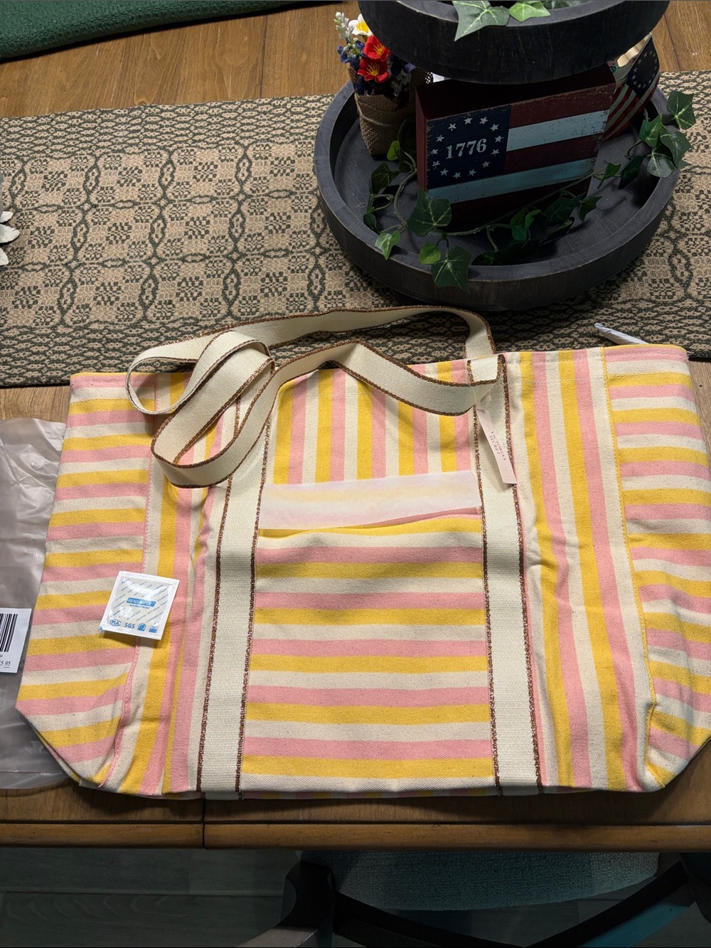 Victoria's Secret Pink and Yellow Striped Canvas Shoulder Tote